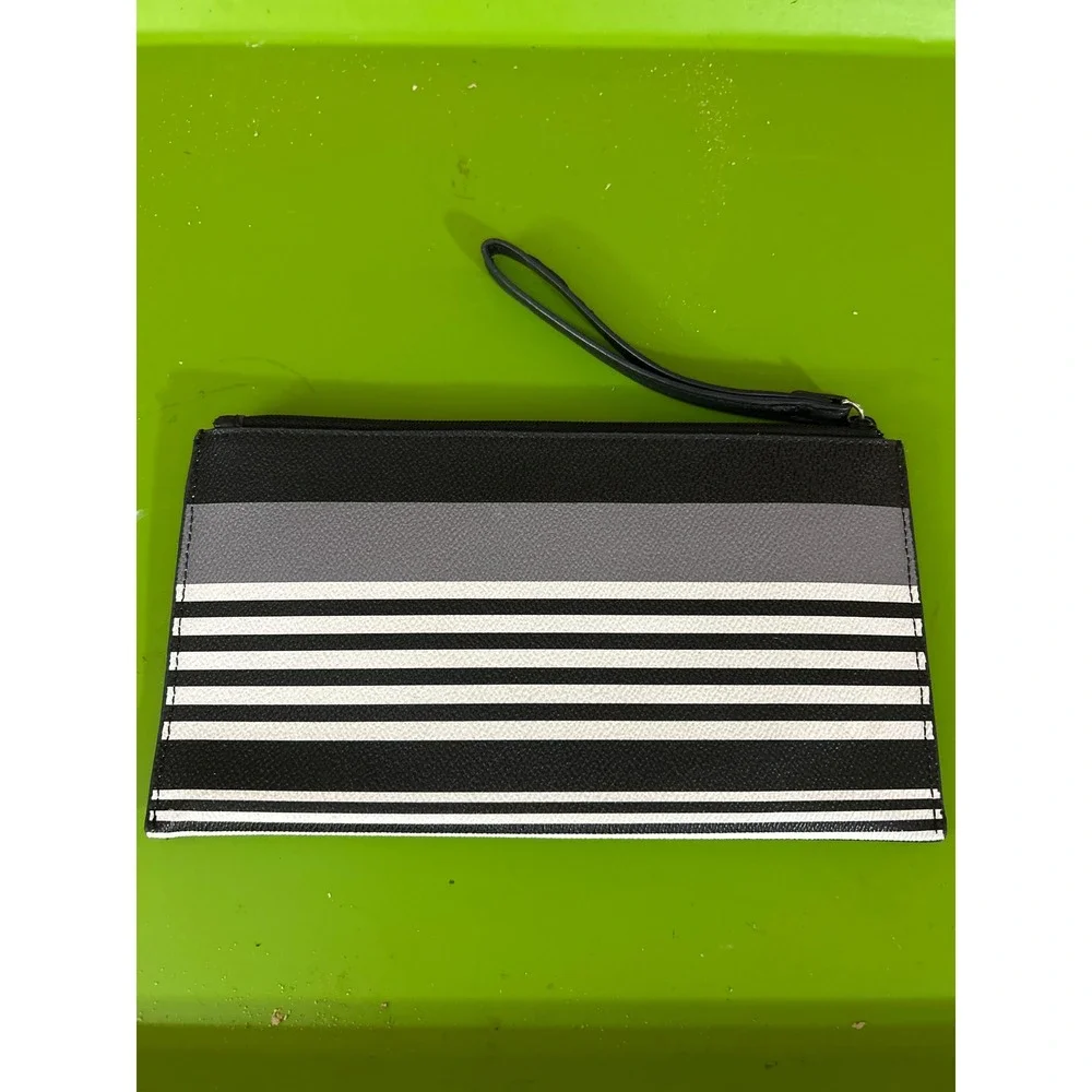 Vera Bradley Wristlet Clutch Bag Black White Grey Striped Faux Leather Zip Top
